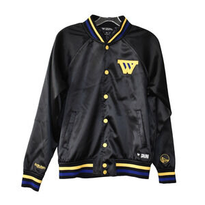 B0 NWT GOLDEN STATE WARRIORS X RAKUTEN Benny Gold Blk Satin Bomber Jacket Sz XS
